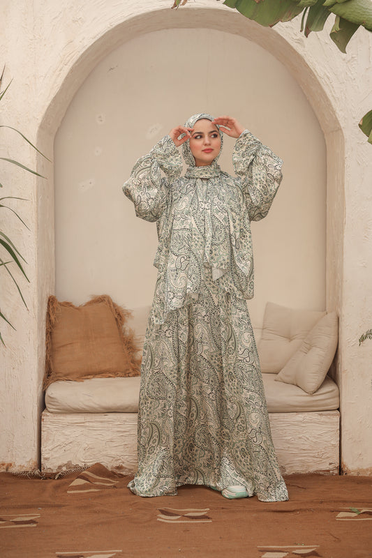 GREEN AURORA PRINT DRESSY SATIN ISDAL