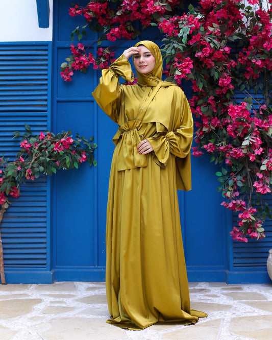 SAGE MUSTARD SATIN DRESS ISDAL