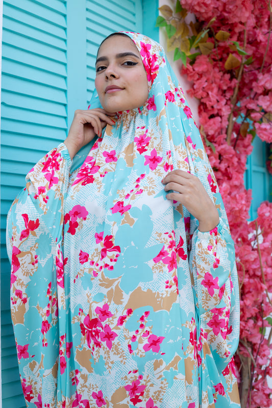 TURQUOISE BLOSSOMS PRINT SATIN MALHAFA ISDAL