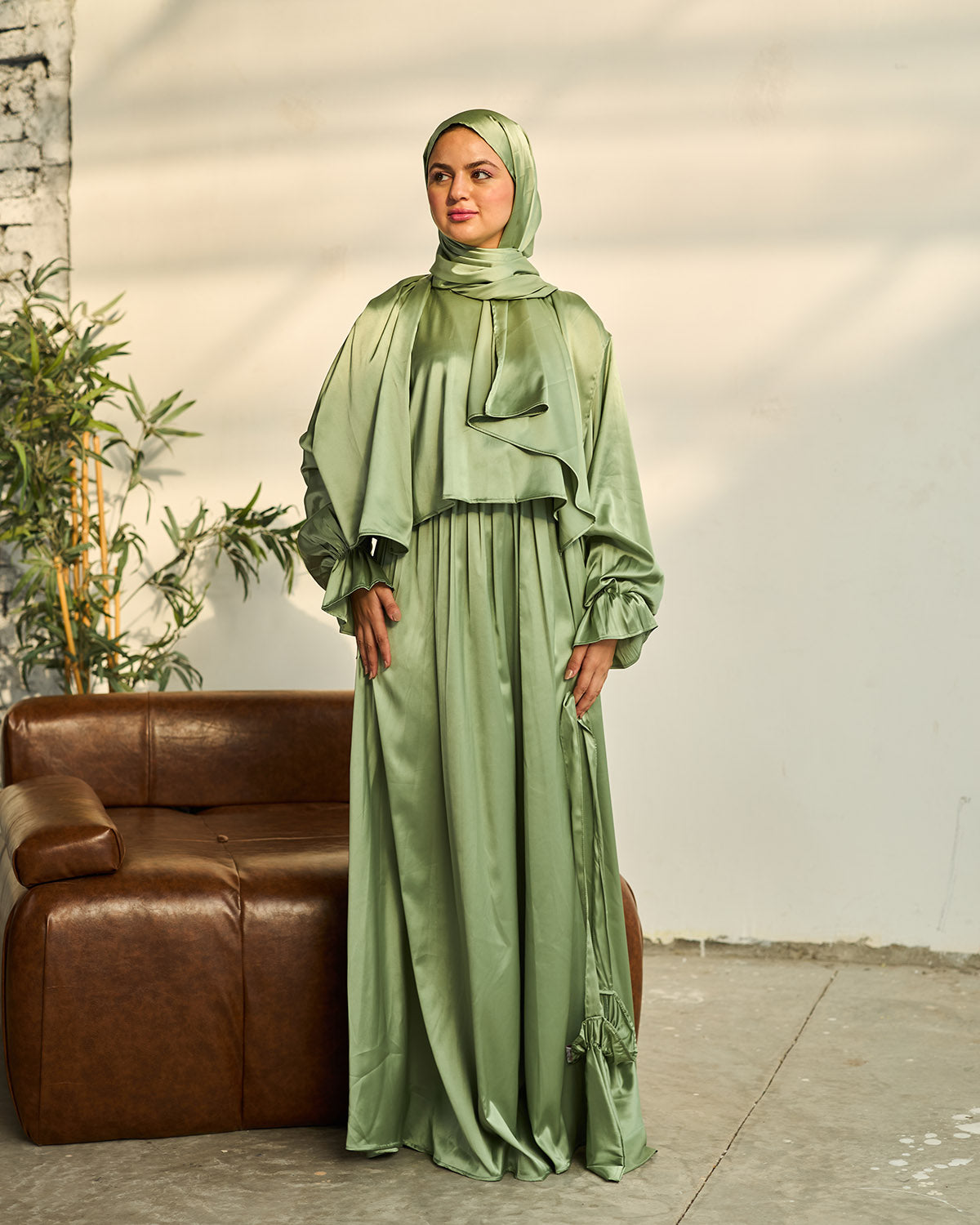ALOE GREEN SATIN DRESS ISDAL