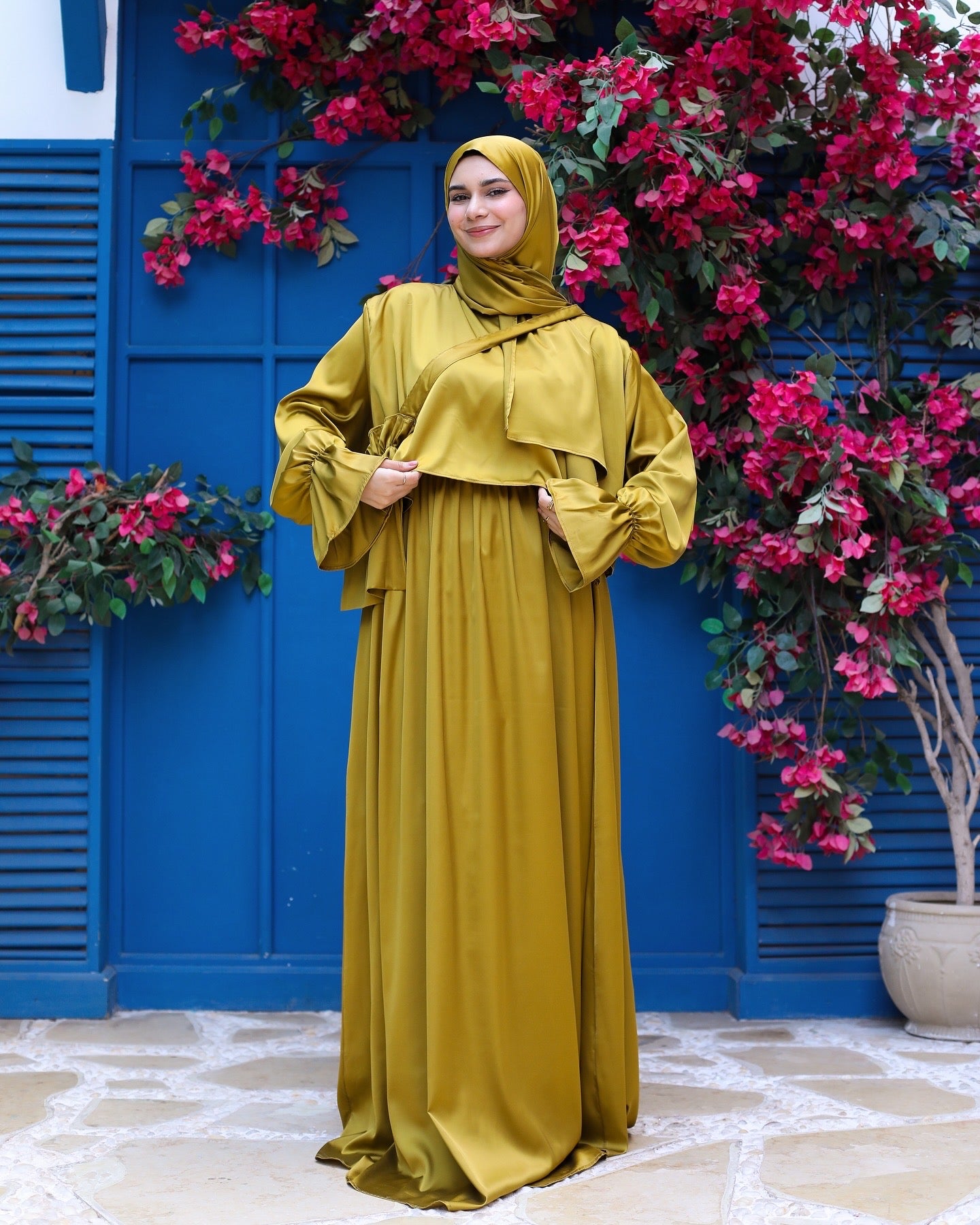 SAGE MUSTARD SATIN DRESS ISDAL