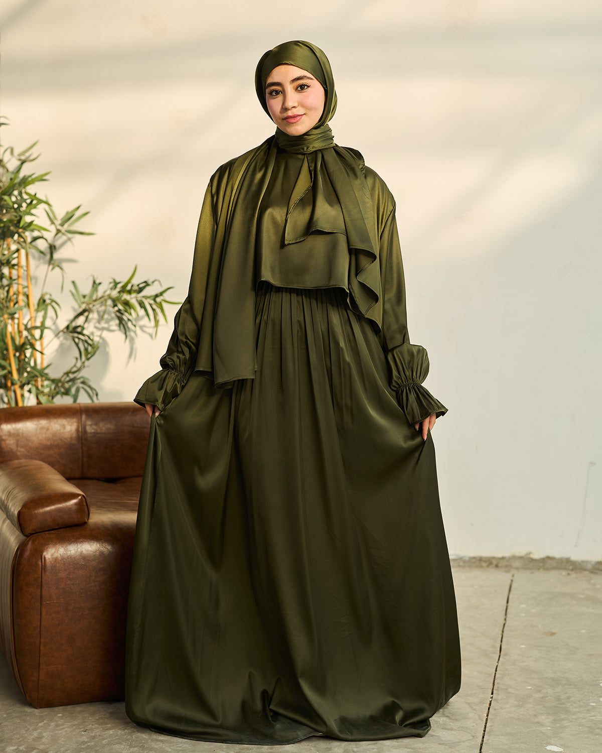 hijabista dress OLIVE GREEN SATIN DRESS ISDAL
