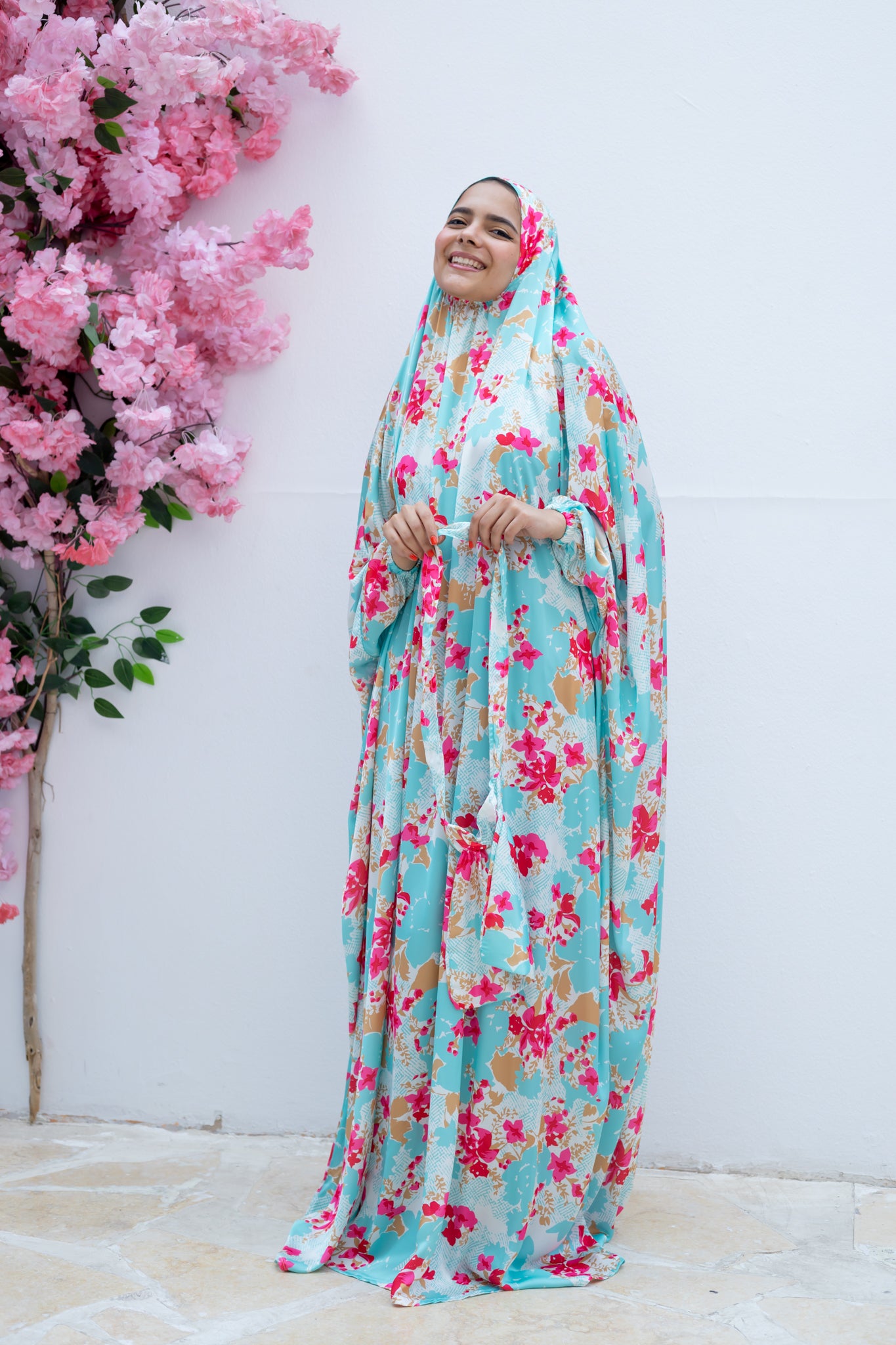 TURQUOISE BLOSSOMS PRINT SATIN MALHAFA ISDAL