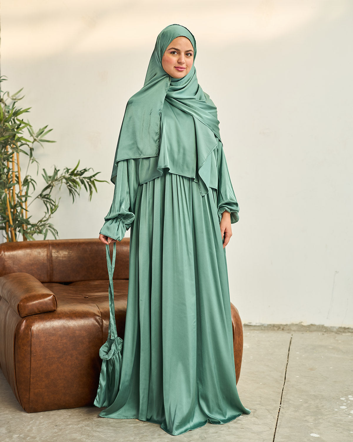 SAGE GREEN SATIN DRESS ISDAL – HIJABISTA