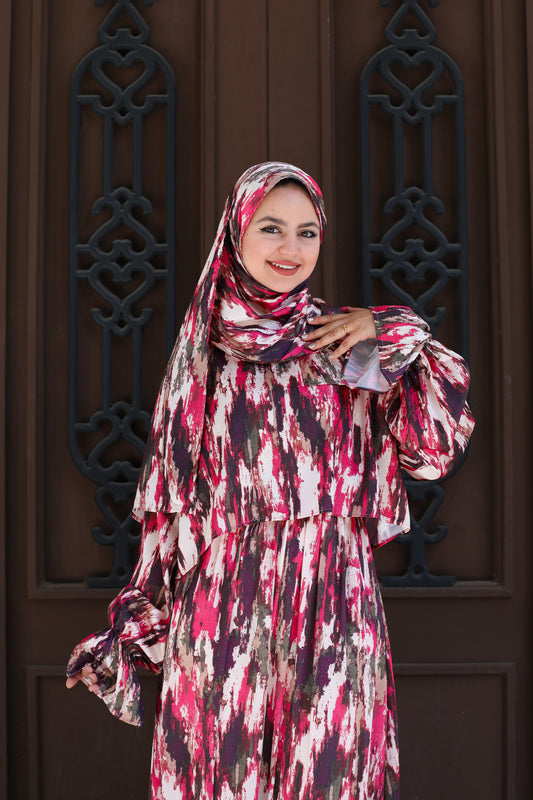 FUCHSIA STROKES PRINT DRESSY SATIN ISDAL