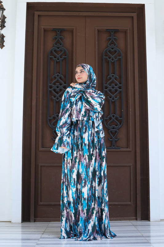 TURQUOISE STROKES PRINT DRESSY SATIN ISDAL