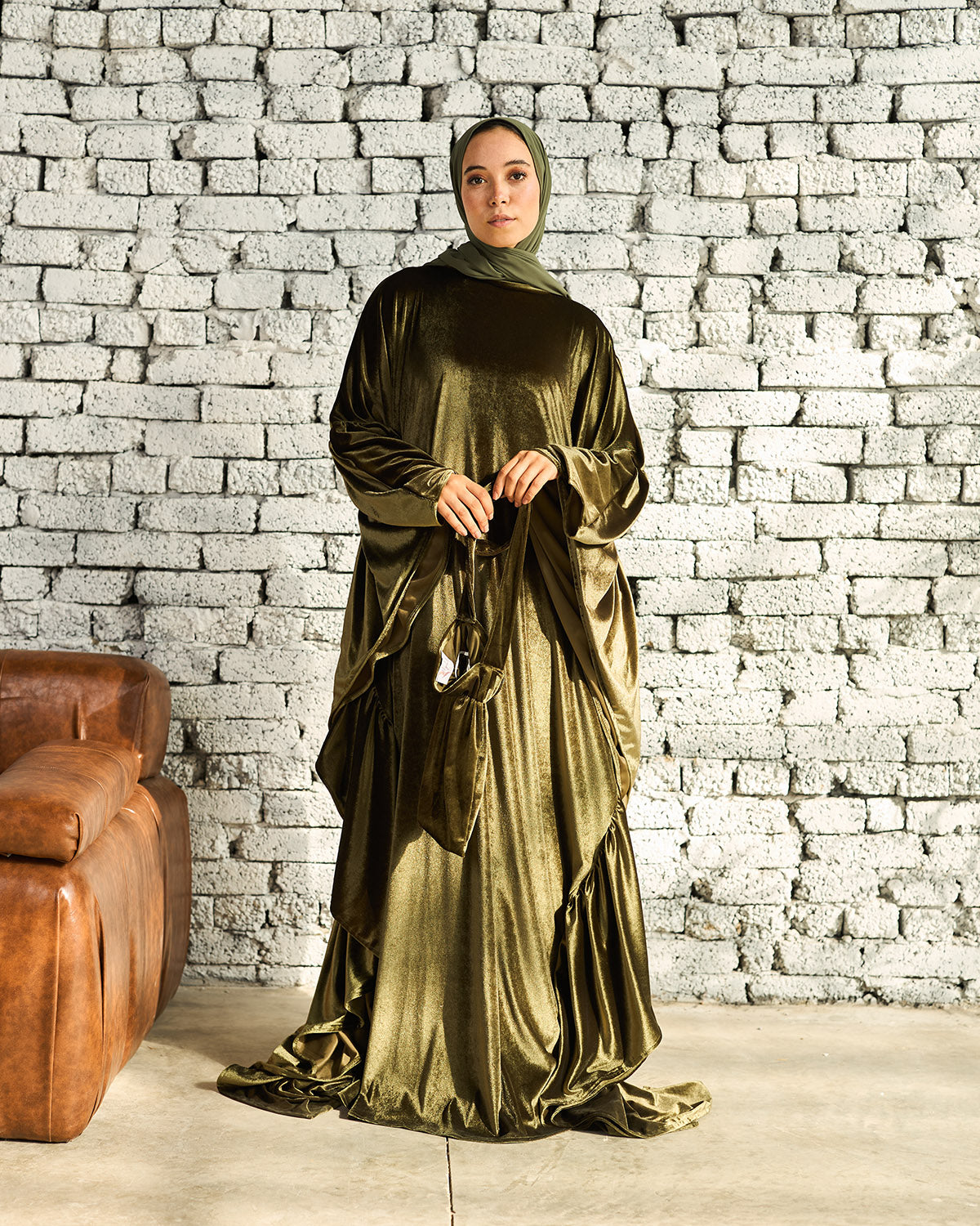 OLIVE VELVET RUFFLES ISDAL