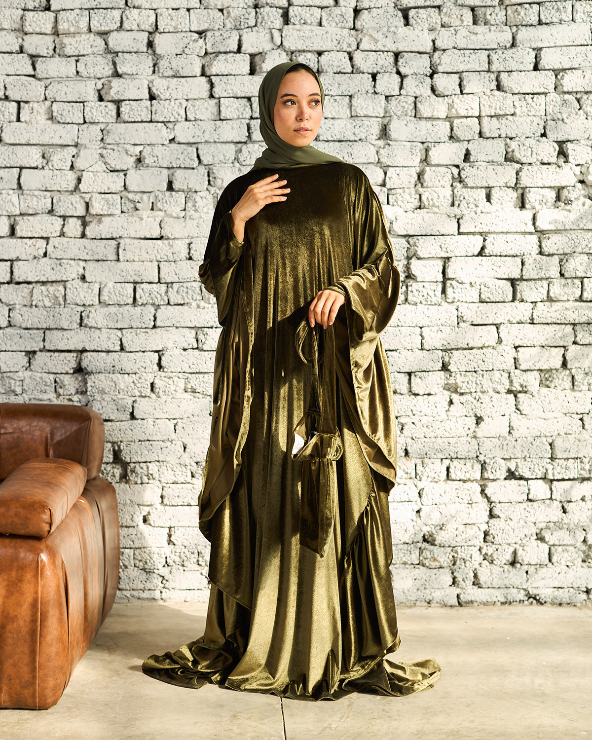 OLIVE VELVET RUFFLES ISDAL