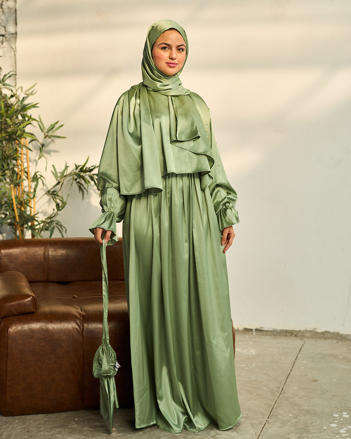 ALOE GREEN SATIN DRESS ISDAL
