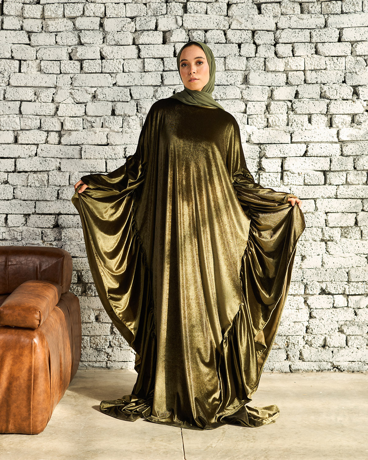 OLIVE VELVET RUFFLES ISDAL